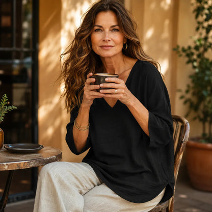 Sereva – Women's Relaxed V-Neck Linen Blouse with Three-Quarter Sleeves and Curved Hem