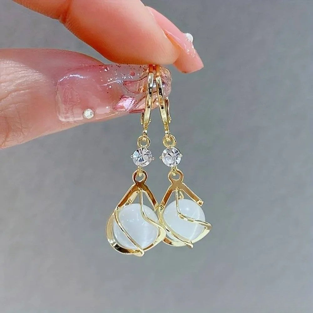 Elegant Gold Teardrop Dangle Earrings with Antique White Opal