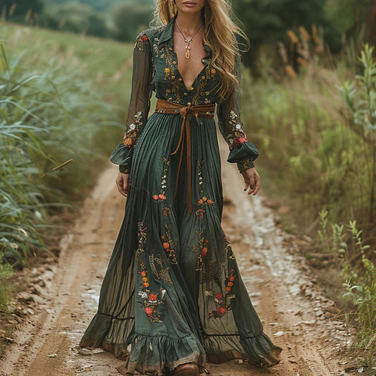 Lila | Floral Long Sleeve Maxi Dress With Sheer Embroidery