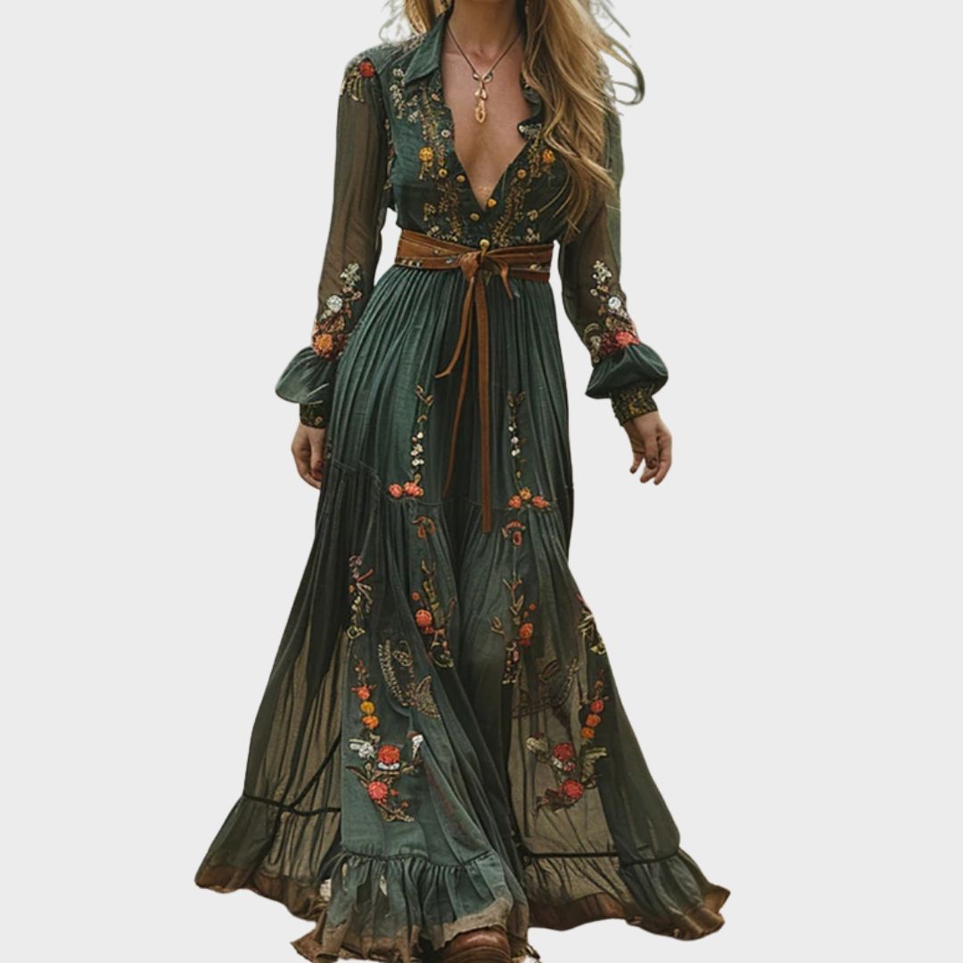 Lila | Floral Long Sleeve Maxi Dress With Sheer Embroidery