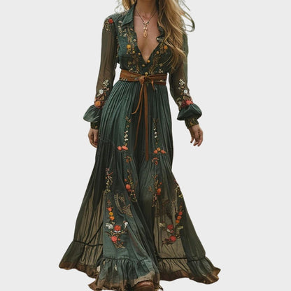 Lila | Floral Long Sleeve Maxi Dress With Sheer Embroidery