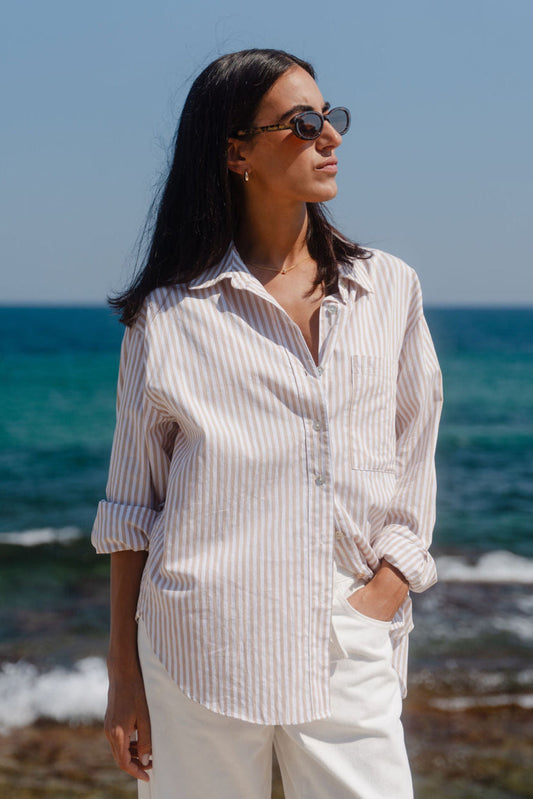 Mason | Breathable Ecru Striped Oversized Shirt