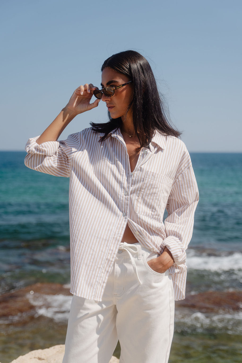 Mason | Breathable Ecru Striped Oversized Shirt