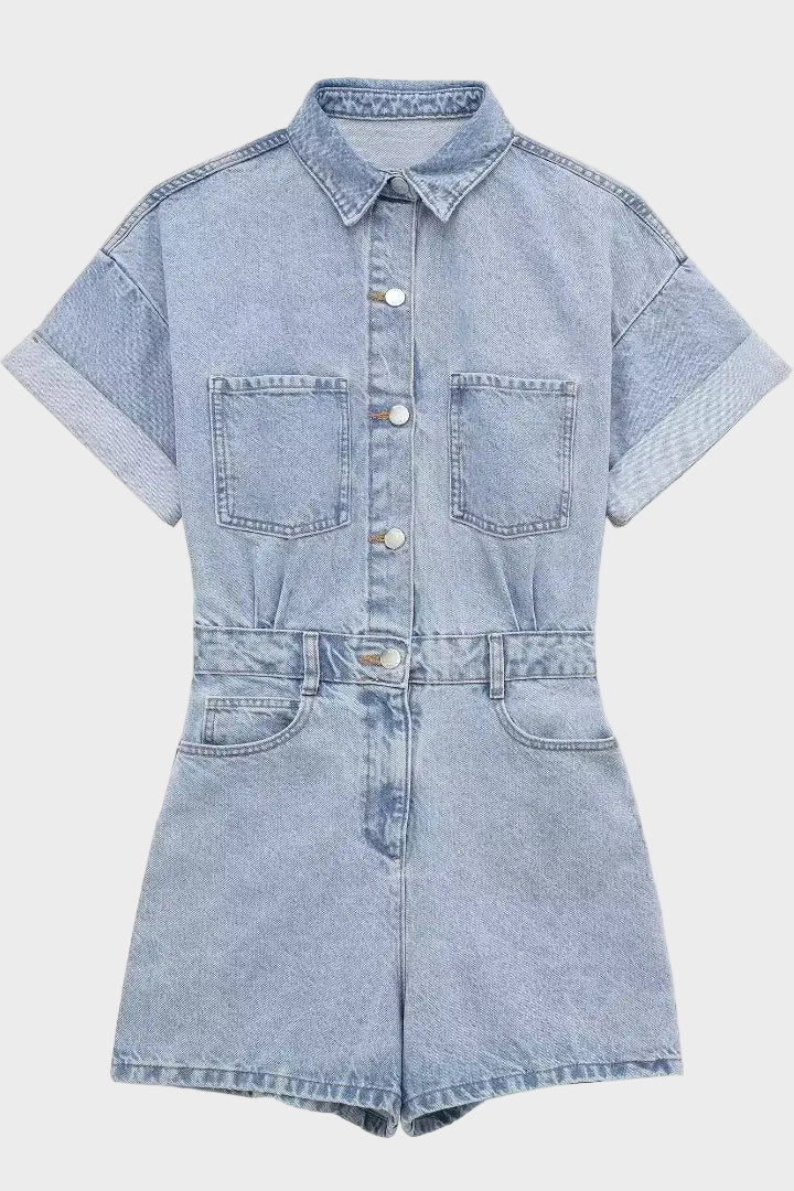 Mia | Classic Short Sleeve Denim Romper