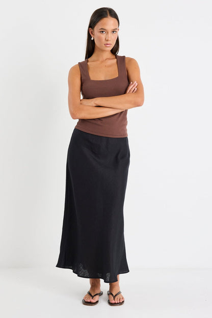 Mia | Elegant Black Linen Midi Skirt