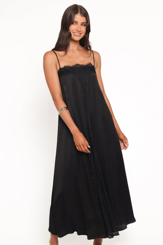 Mia | Elegant Black Satin Midi Dress for Wedding Guests and Formal Events