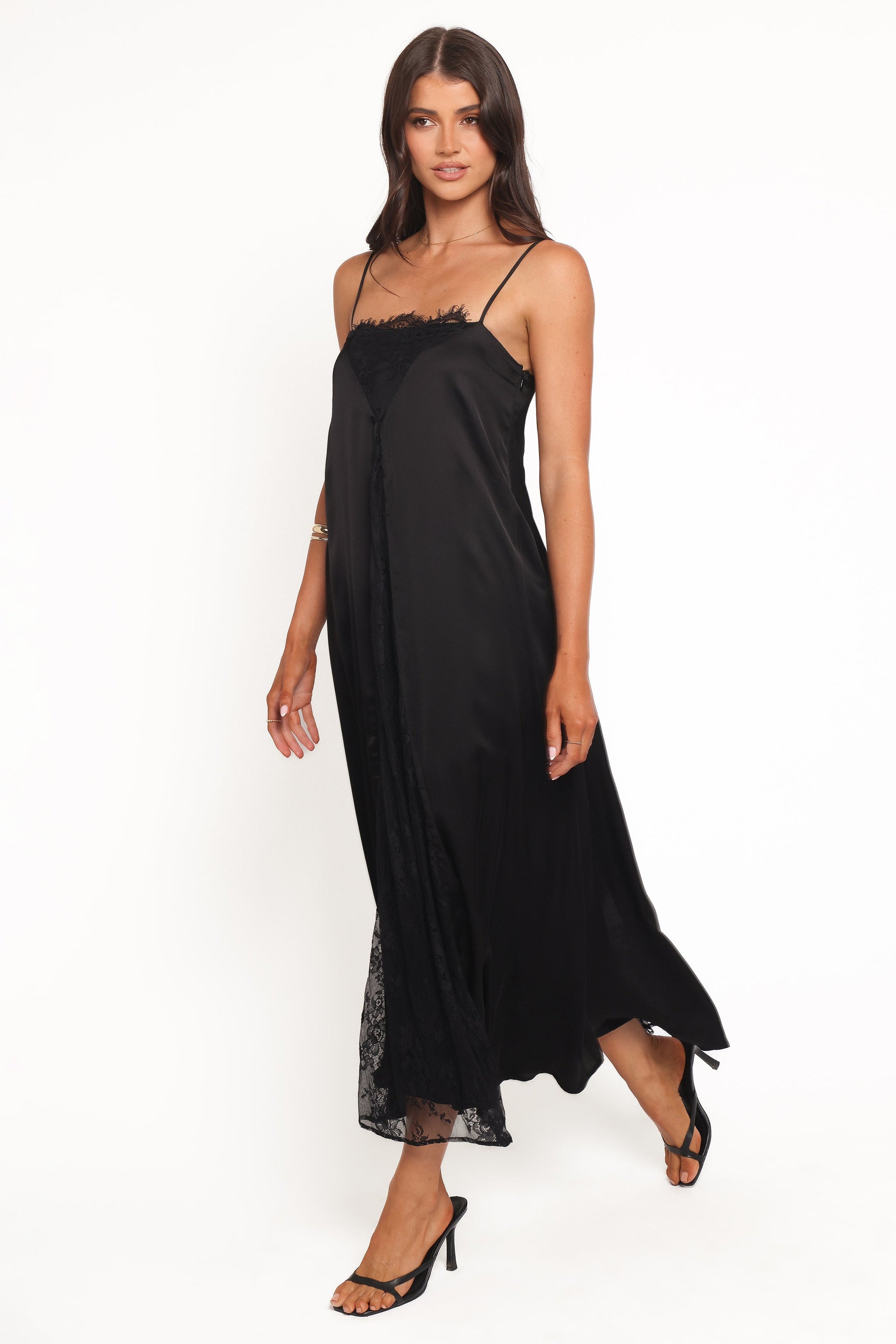 Mia | Elegant Black Satin Midi Dress for Wedding Guests and Formal Events