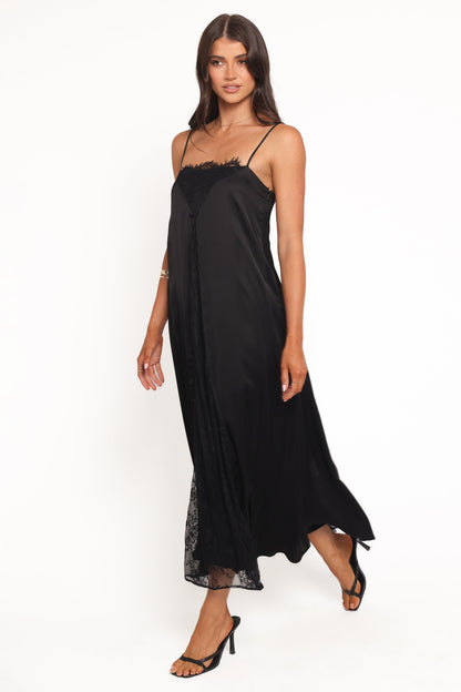 Mia | Elegant Black Satin Midi Dress for Wedding Guests and Formal Events