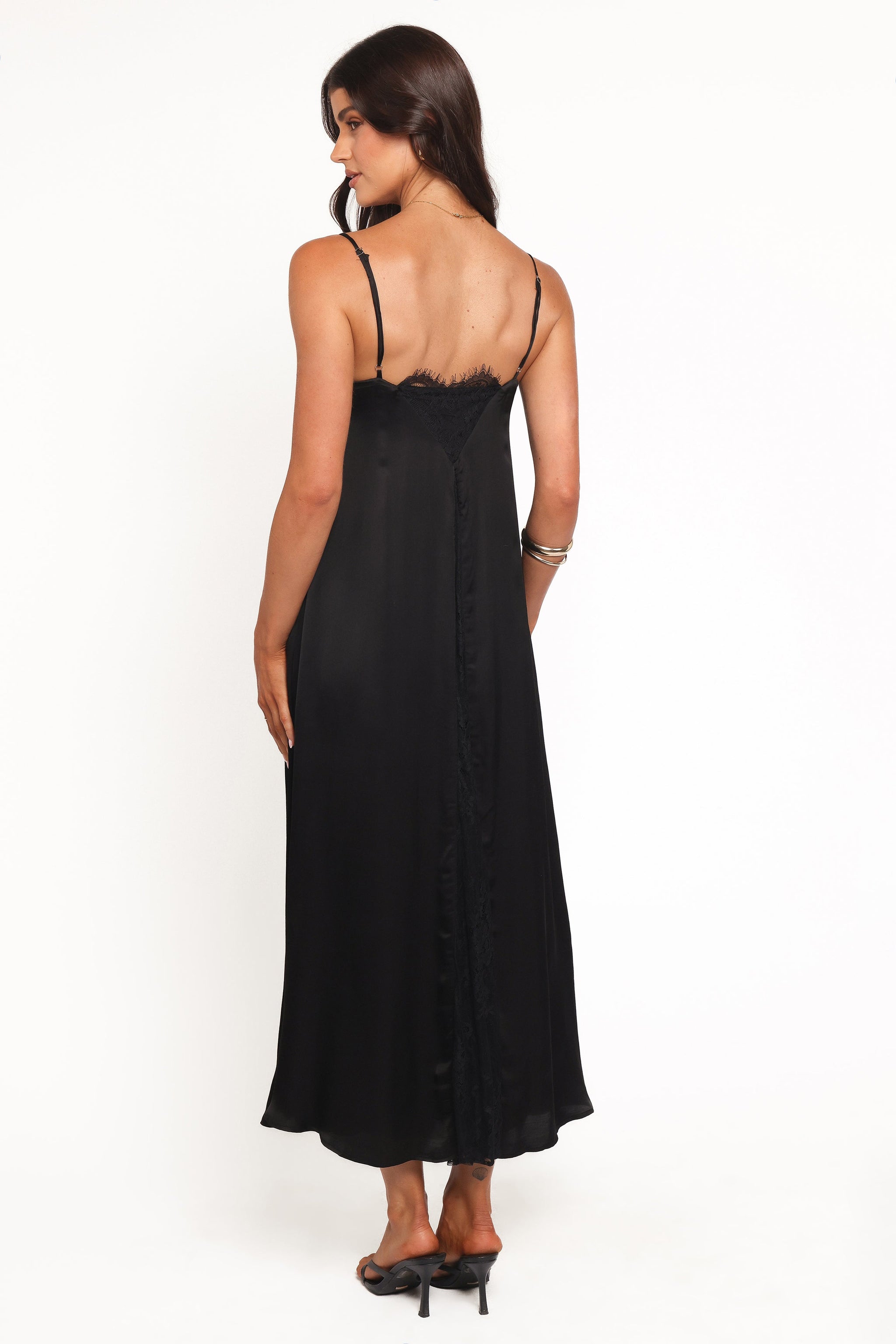 Mia | Elegant Black Satin Midi Dress for Wedding Guests and Formal Events
