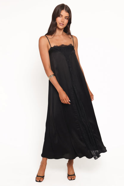 Mia | Elegant Black Satin Midi Dress for Wedding Guests and Formal Events