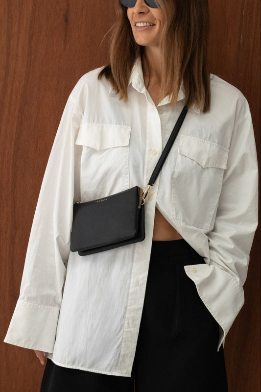 Mia | Elegant Multi Pocket Black Leather Crossbody Clutch