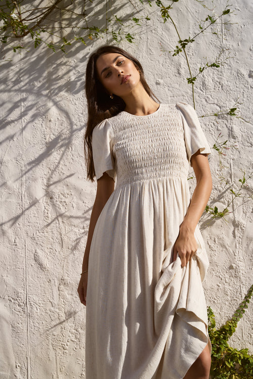 Mia | Elegant Shirred Bodice Midi Dress