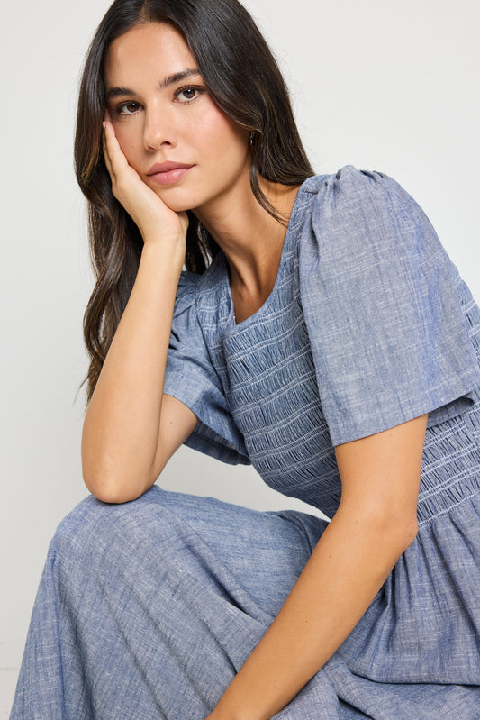 Mia | Elegant Shirred Bodice Midi Dress