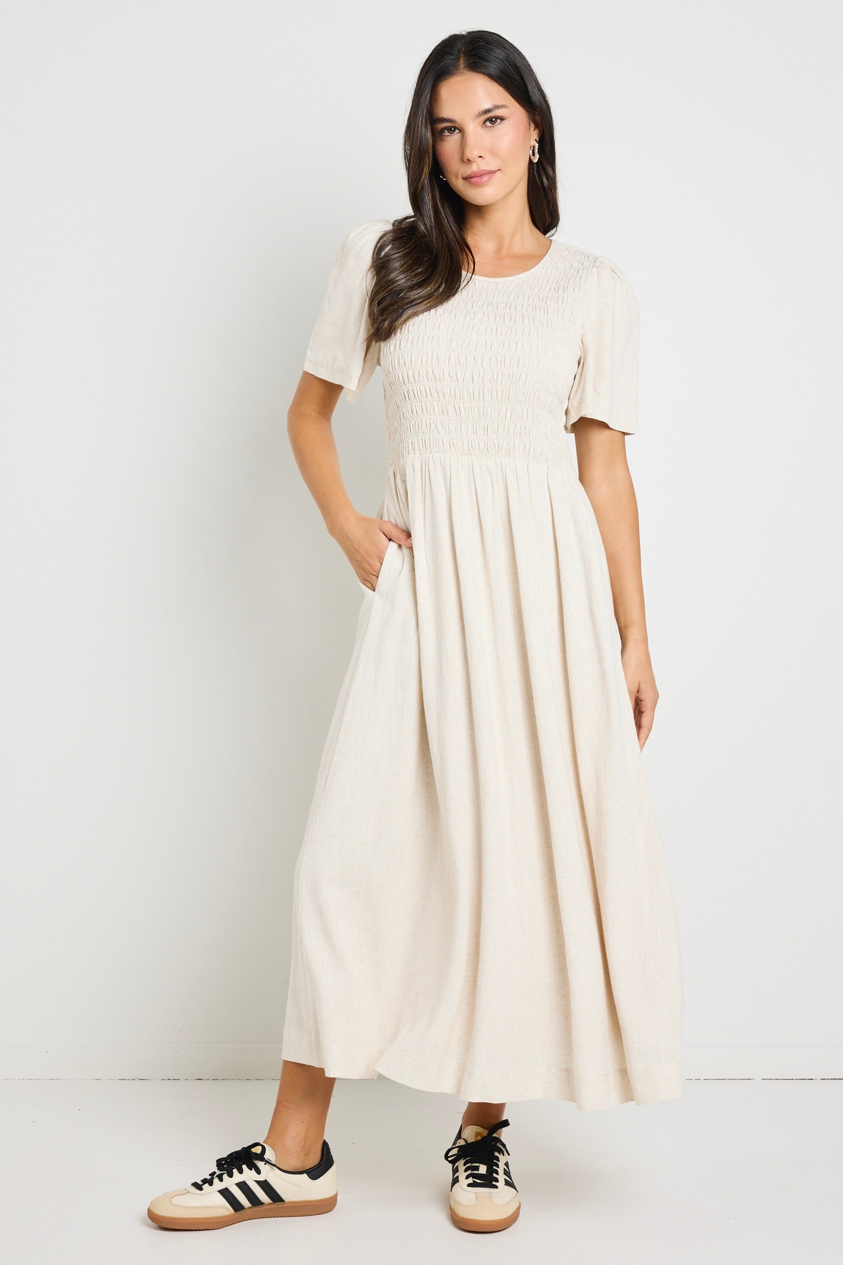 Mia | Elegant Shirred Bodice Midi Dress