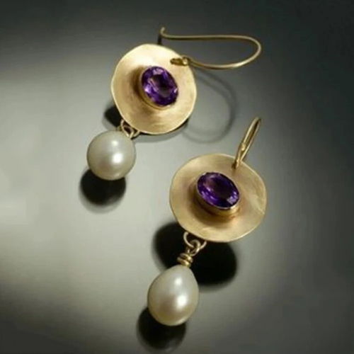 Mia | Elegant Vintage Gold Pearl Earrings with Purple Zirconia
