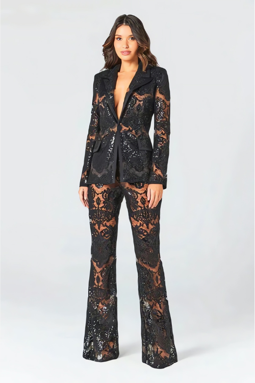 Mia | Elegant White Suit Womens with Sheer Lace Blazer and Flared Pants