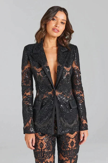 Mia | Elegant White Suit Womens with Sheer Lace Blazer and Flared Pants