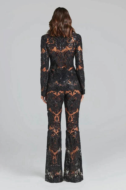 Mia | Elegant White Suit Womens with Sheer Lace Blazer and Flared Pants