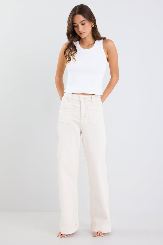 Mia | Soft Ecru High Rise Wide Leg Jeans