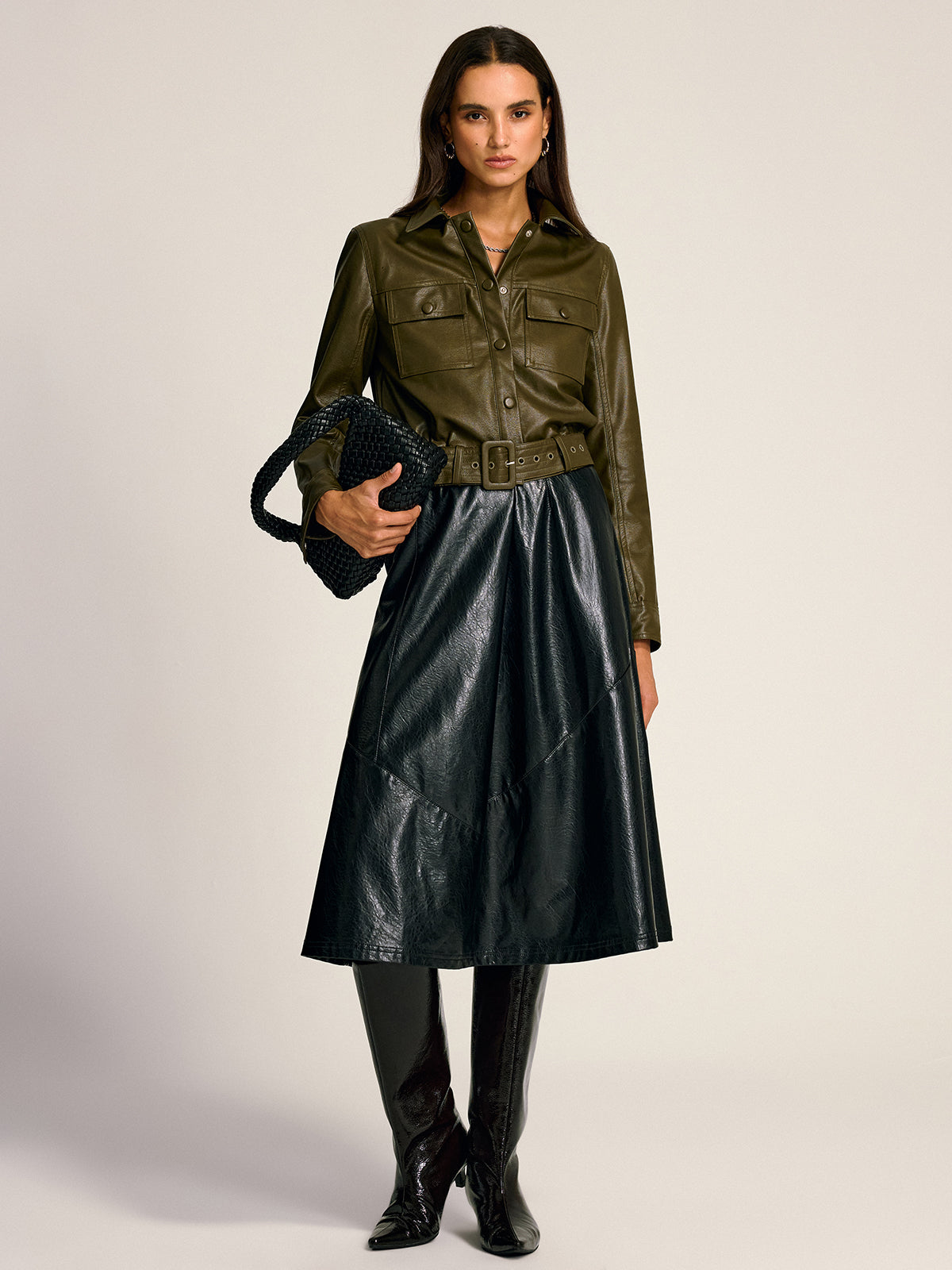 Mia | Stylish Belted Faux Leather Cargo Jacket