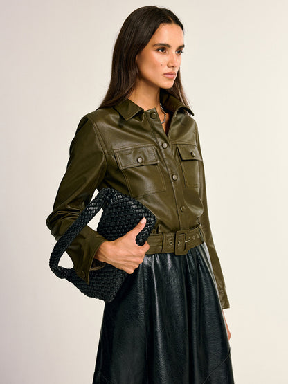 Mia | Stylish Belted Faux Leather Cargo Jacket