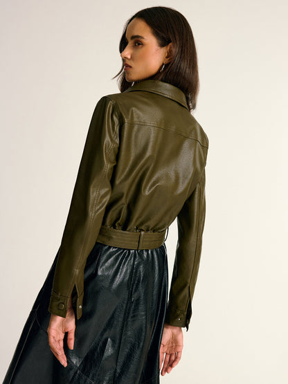 Mia | Stylish Belted Faux Leather Cargo Jacket