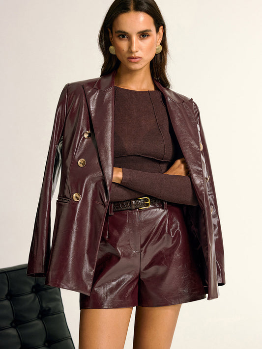 Mia | Stylish Faux Leather Blazer with Metal Buttons