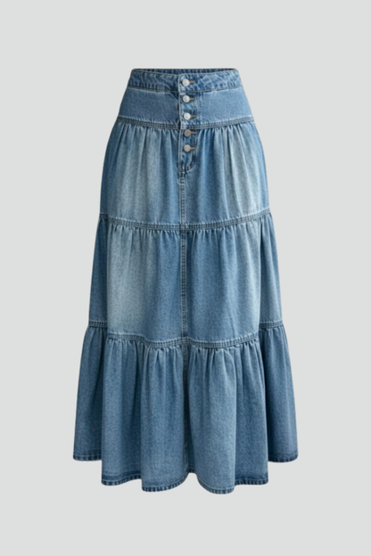 Lila | Button-Detail Tiered Denim Maxi Skirt
