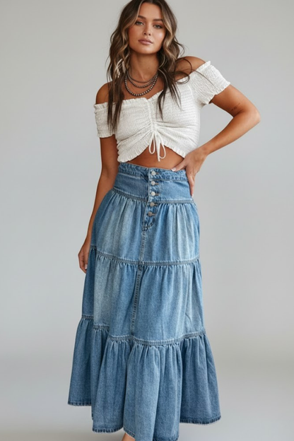 Lila | Button-Detail Tiered Denim Maxi Skirt