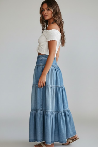 Lila | Button-Detail Tiered Denim Maxi Skirt