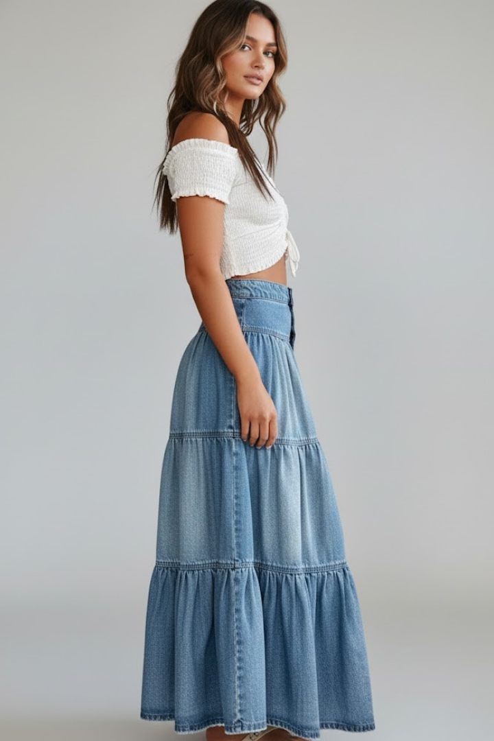 Lila | Button-Detail Tiered Denim Maxi Skirt