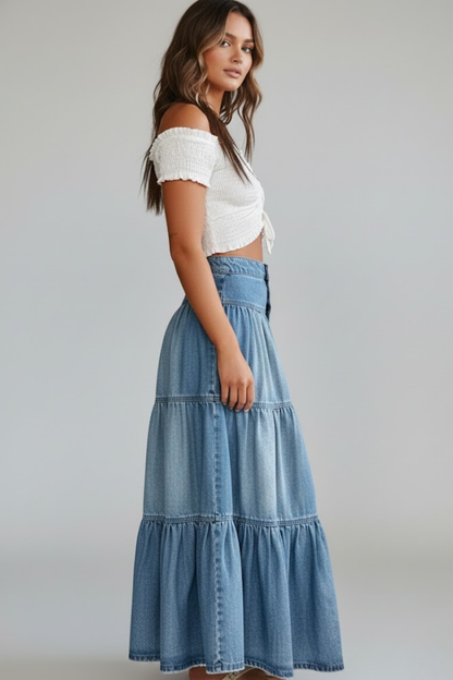 Lila | Button-Detail Tiered Denim Maxi Skirt