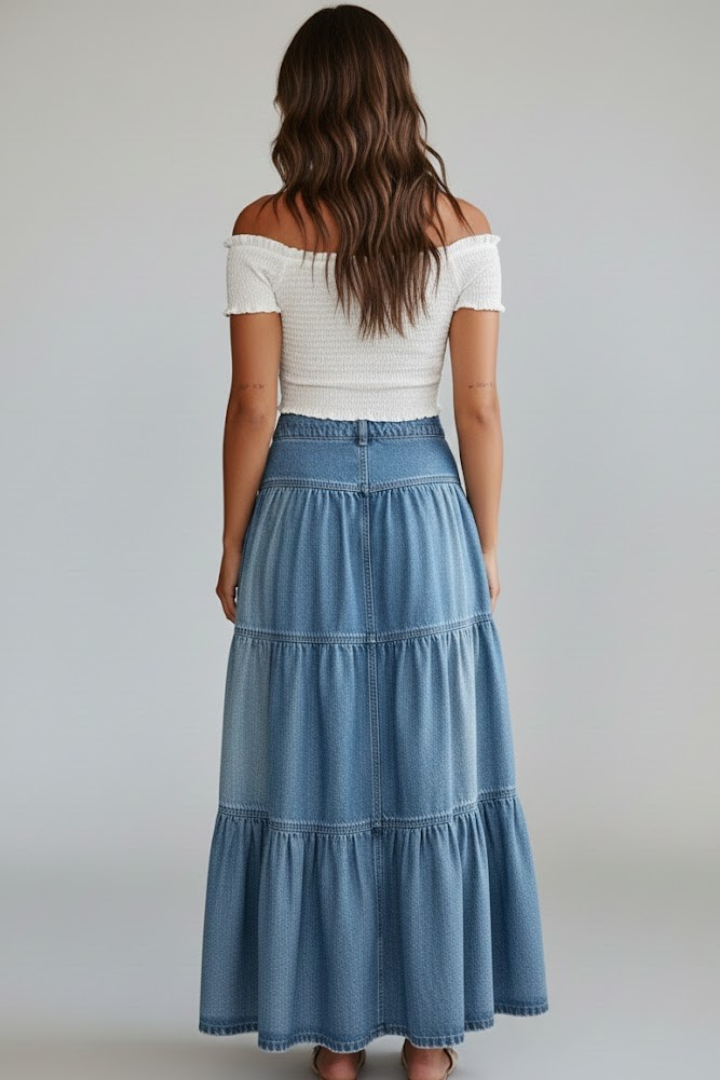 Lila | Button-Detail Tiered Denim Maxi Skirt