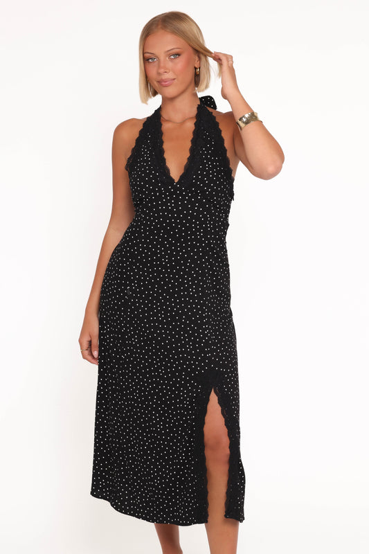 Olivia | Chic Black Polka Dot Maxi Dress for Wedding Guests