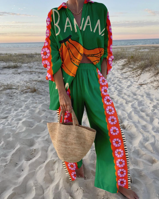 Olivia | Stylish Tropical Beach Set with Relaxed Fit Shirt and Wide-Leg Pants