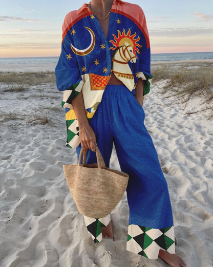 Olivia | Stylish Tropical Beach Set with Relaxed Fit Shirt and Wide-Leg Pants