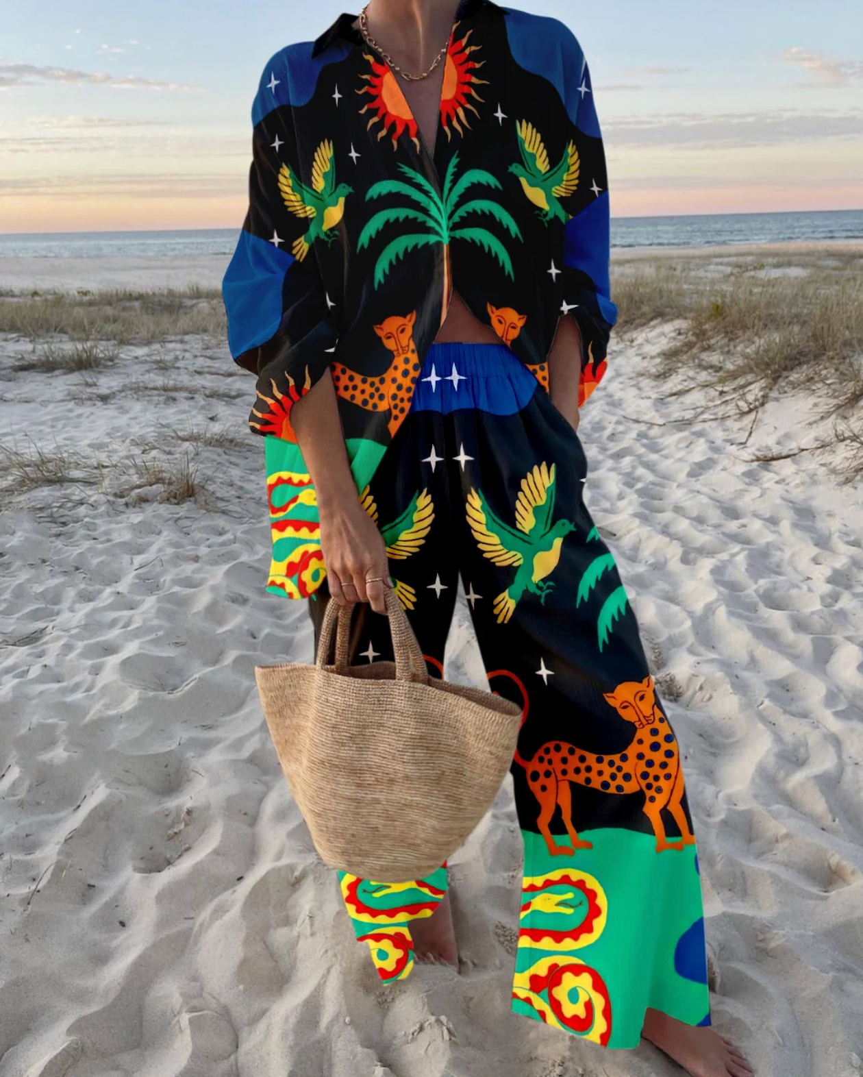 Olivia | Stylish Tropical Beach Set with Relaxed Fit Shirt and Wide-Leg Pants