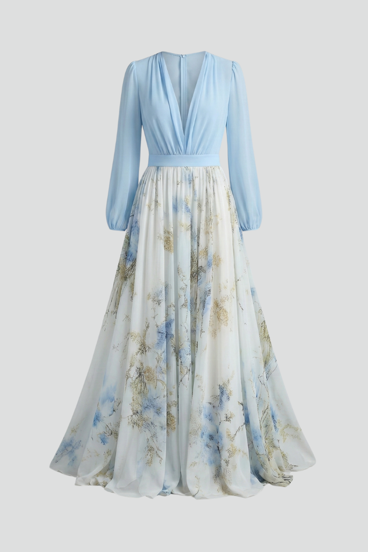 Elena | V-Neck Maxi Dress with Sheer Sleeves