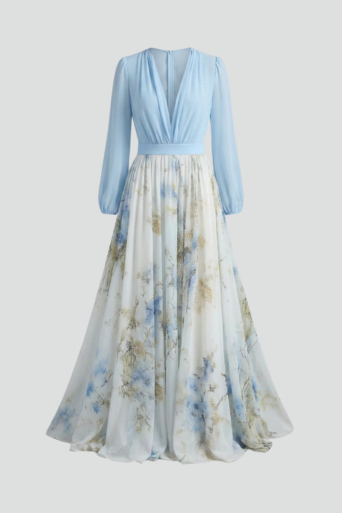 Elena | V-Neck Maxi Dress with Sheer Sleeves