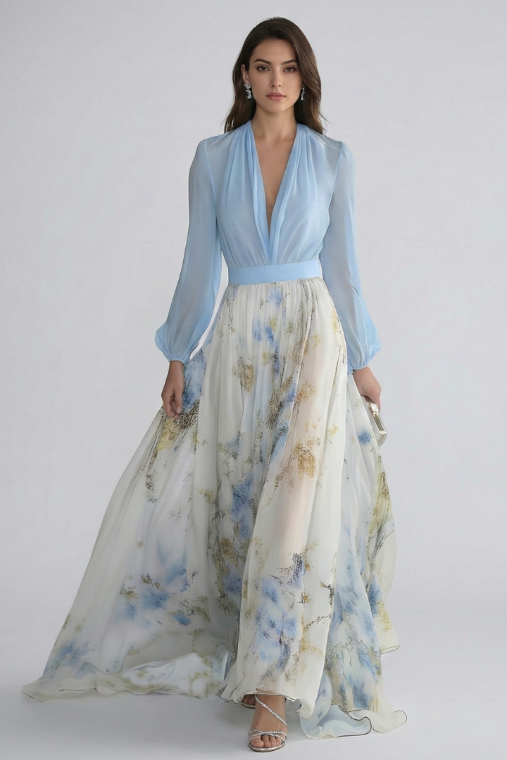 Elena | V-Neck Maxi Dress with Sheer Sleeves