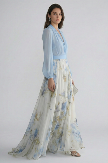 Elena | V-Neck Maxi Dress with Sheer Sleeves
