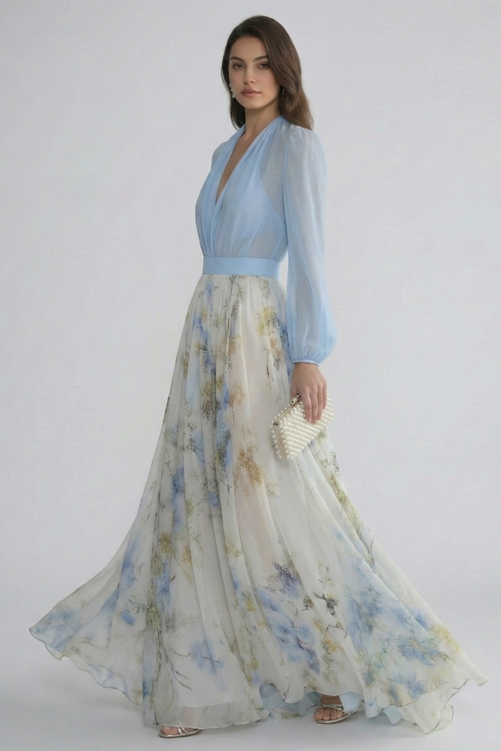 Elena | V-Neck Maxi Dress with Sheer Sleeves
