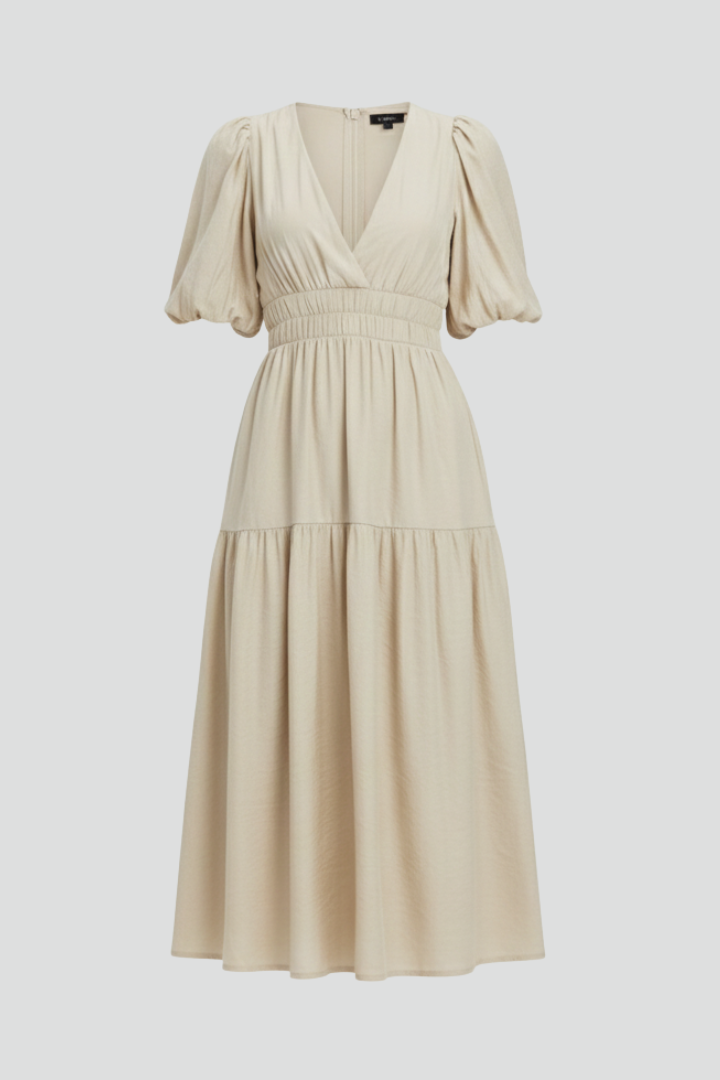 Lena | Elegant Midi Dress with V-Neckline and Puff Sleeves