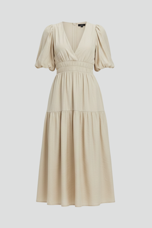 Lena | Elegant Midi Dress with V-Neckline and Puff Sleeves