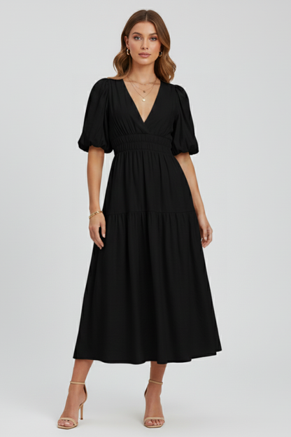 Lena | Elegant Midi Dress with V-Neckline and Puff Sleeves