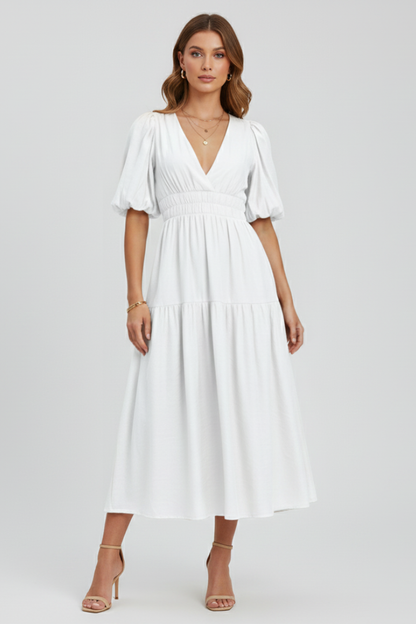 Lena | Elegant Midi Dress with V-Neckline and Puff Sleeves