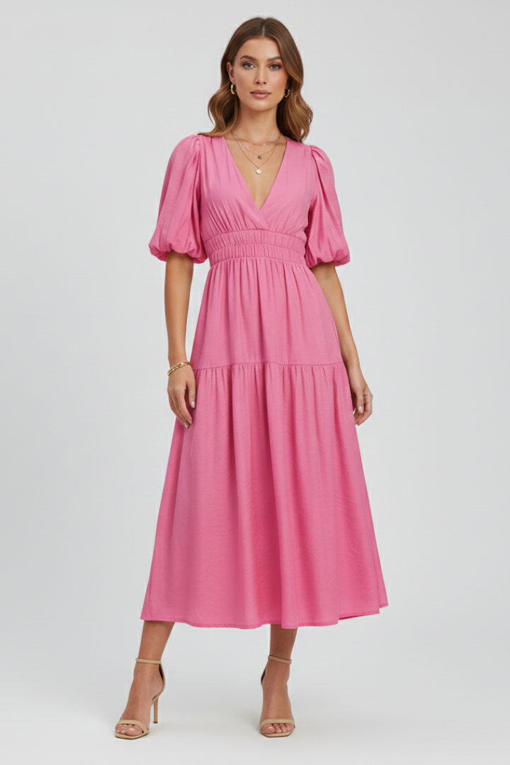 Lena | Elegant Midi Dress with V-Neckline and Puff Sleeves