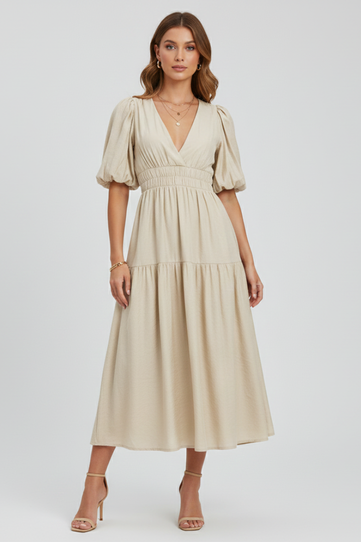 Lena | Elegant Midi Dress with V-Neckline and Puff Sleeves