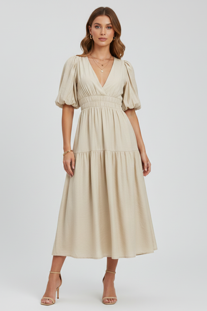 Lena | Elegant Midi Dress with V-Neckline and Puff Sleeves