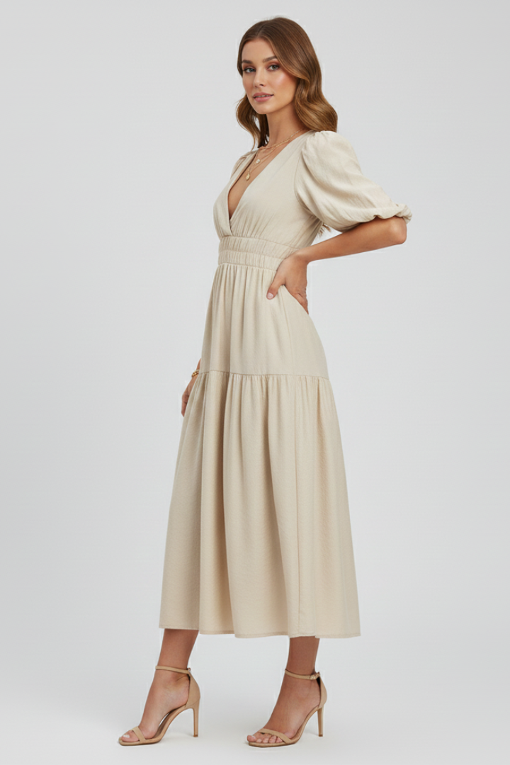 Lena | Elegant Midi Dress with V-Neckline and Puff Sleeves